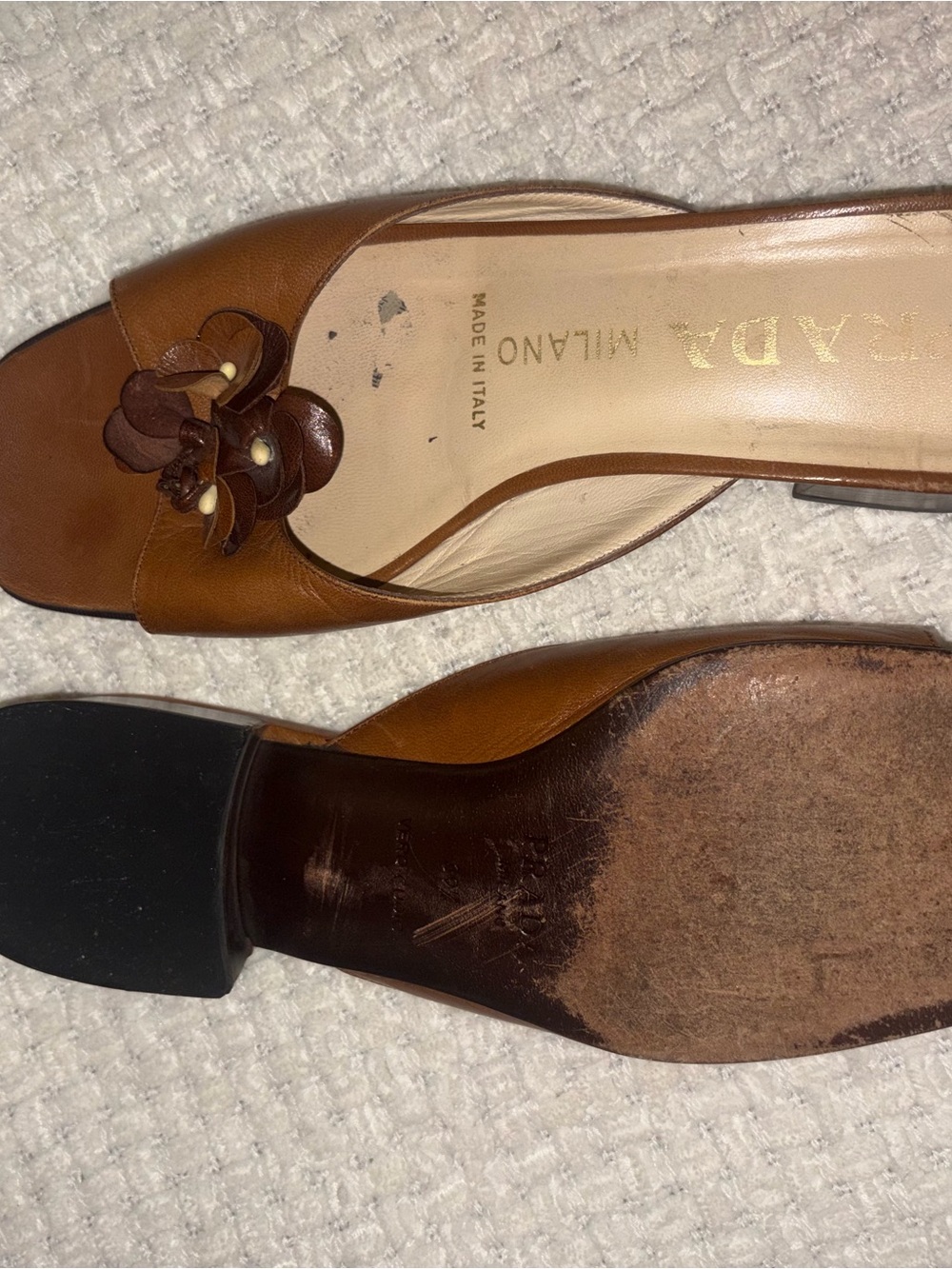 Prada Tan Brown Leather Open-Toe Mule with Floral Accent